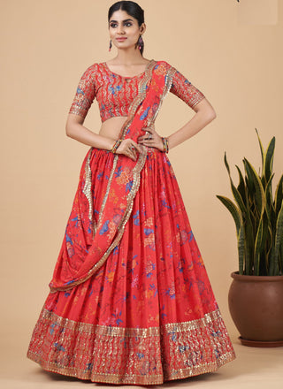 Bright Red Designer Printed Faux Georgette Sequins Embroidery Work Lehenga Choli Clothsvilla
