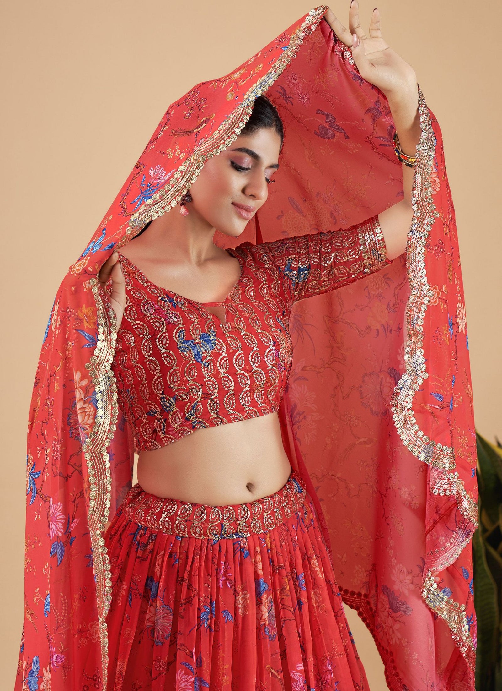 Bright Red Designer Printed Faux Georgette Sequins Embroidery Work Lehenga Choli Clothsvilla