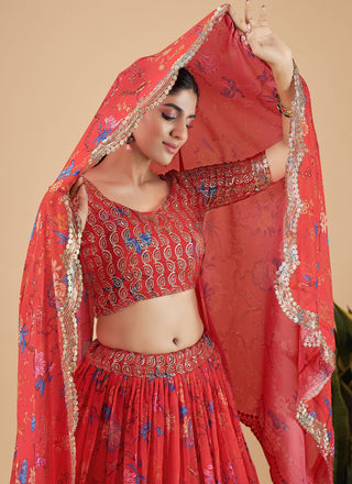 Bright Red Designer Printed Faux Georgette Sequins Embroidery Work Lehenga Choli Clothsvilla