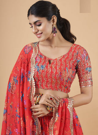 Bright Red Designer Printed Faux Georgette Sequins Embroidery Work Lehenga Choli Clothsvilla