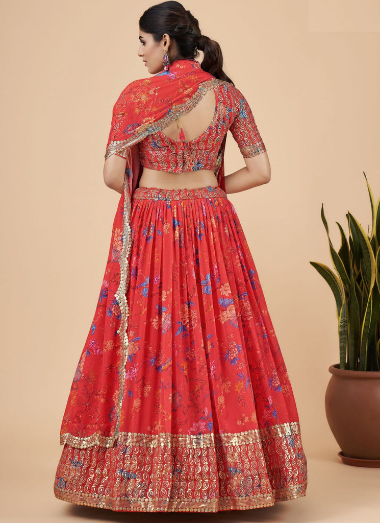 Bright Red Designer Printed Faux Georgette Sequins Embroidery Work Lehenga Choli Clothsvilla