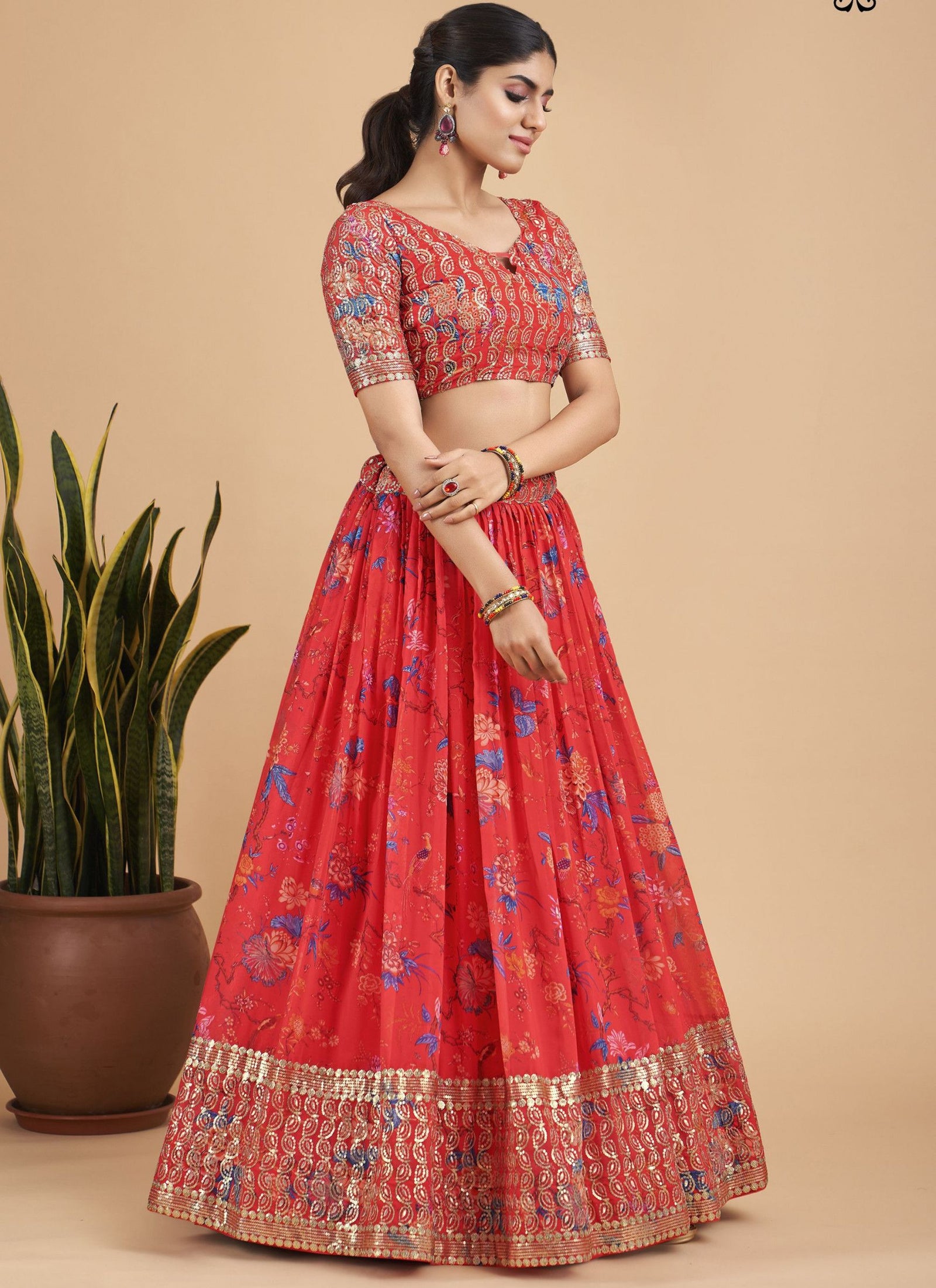 Bright Red Designer Printed Faux Georgette Sequins Embroidery Work Lehenga Choli Clothsvilla
