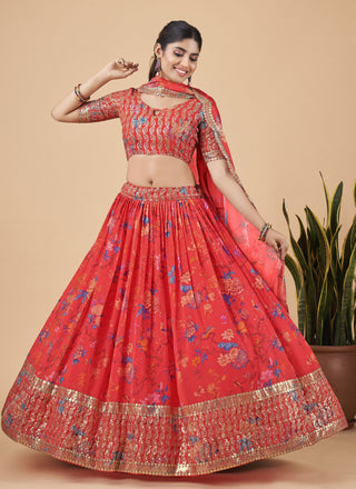 Bright Red Designer Printed Faux Georgette Sequins Embroidery Work Lehenga Choli Clothsvilla