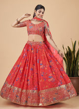Load image into Gallery viewer, Bright Red Designer Printed Faux Georgette Sequins Embroidery Work Lehenga Choli Clothsvilla