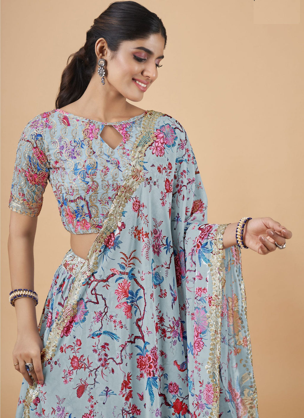 Sky Blue Designer Printed Faux Georgette Sequins Embroidery Work Lehenga Choli Clothsvilla