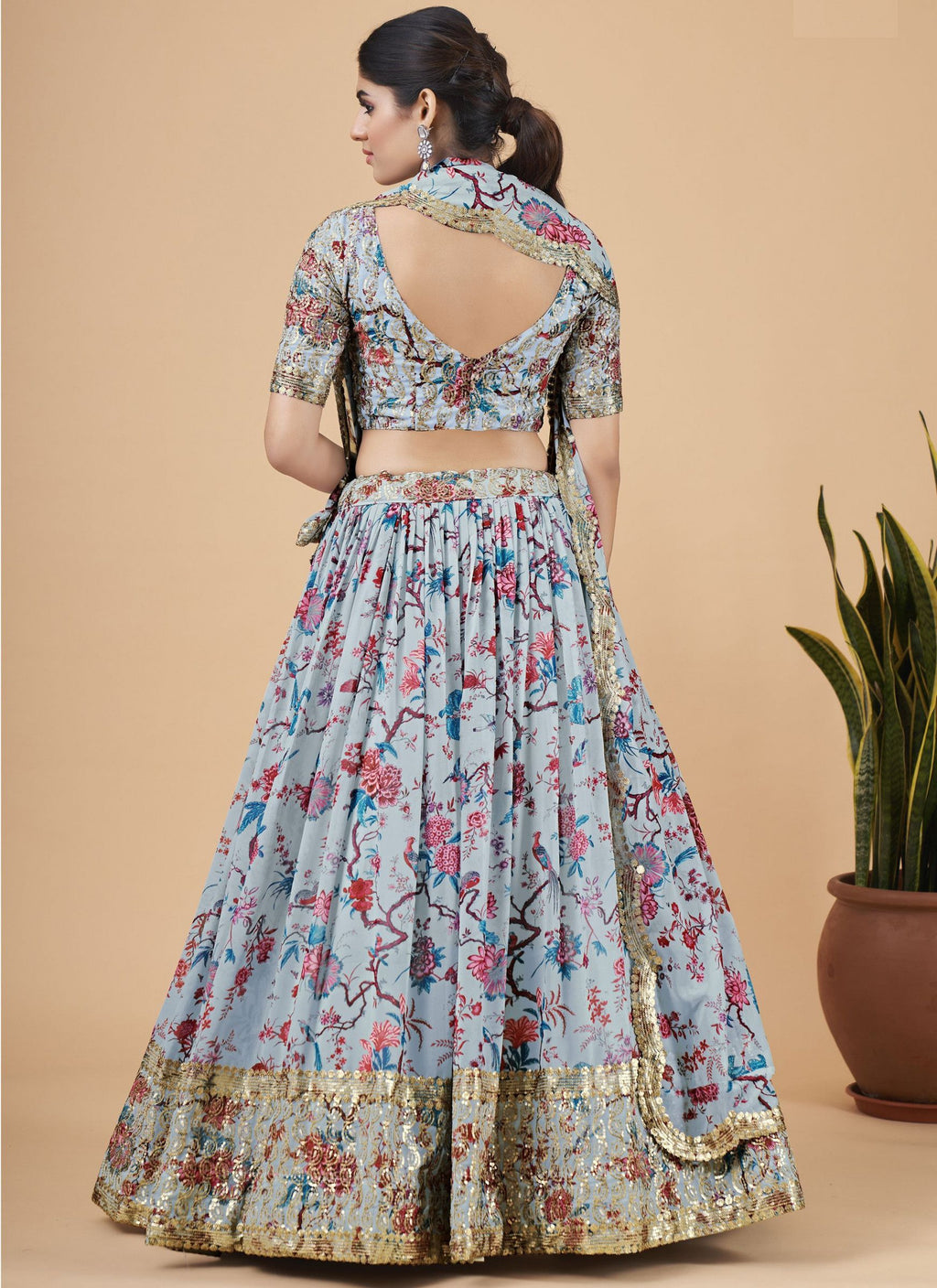 Sky Blue Designer Printed Faux Georgette Sequins Embroidery Work Lehenga Choli Clothsvilla