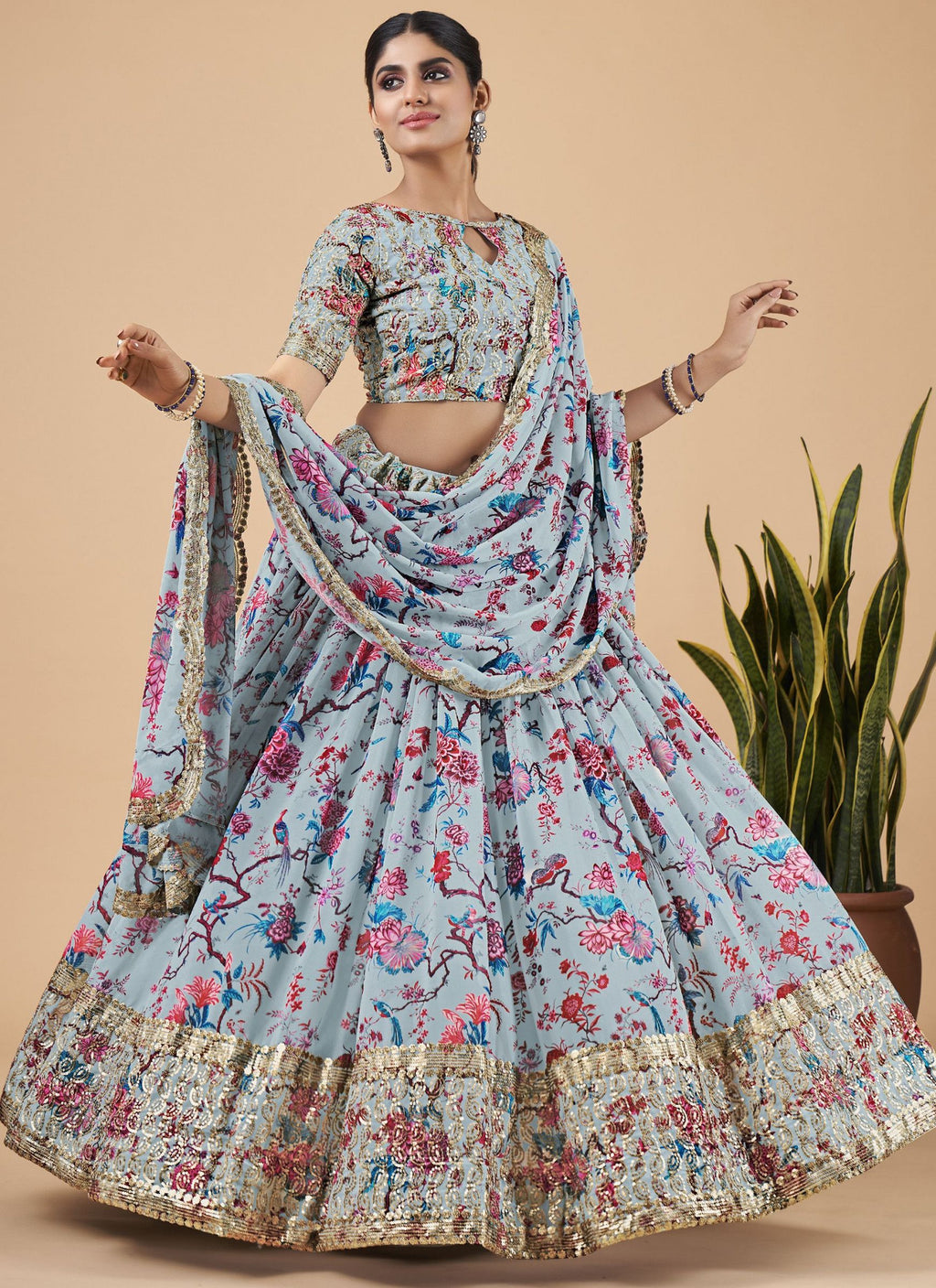 Sky Blue Designer Printed Faux Georgette Sequins Embroidery Work Lehenga Choli Clothsvilla