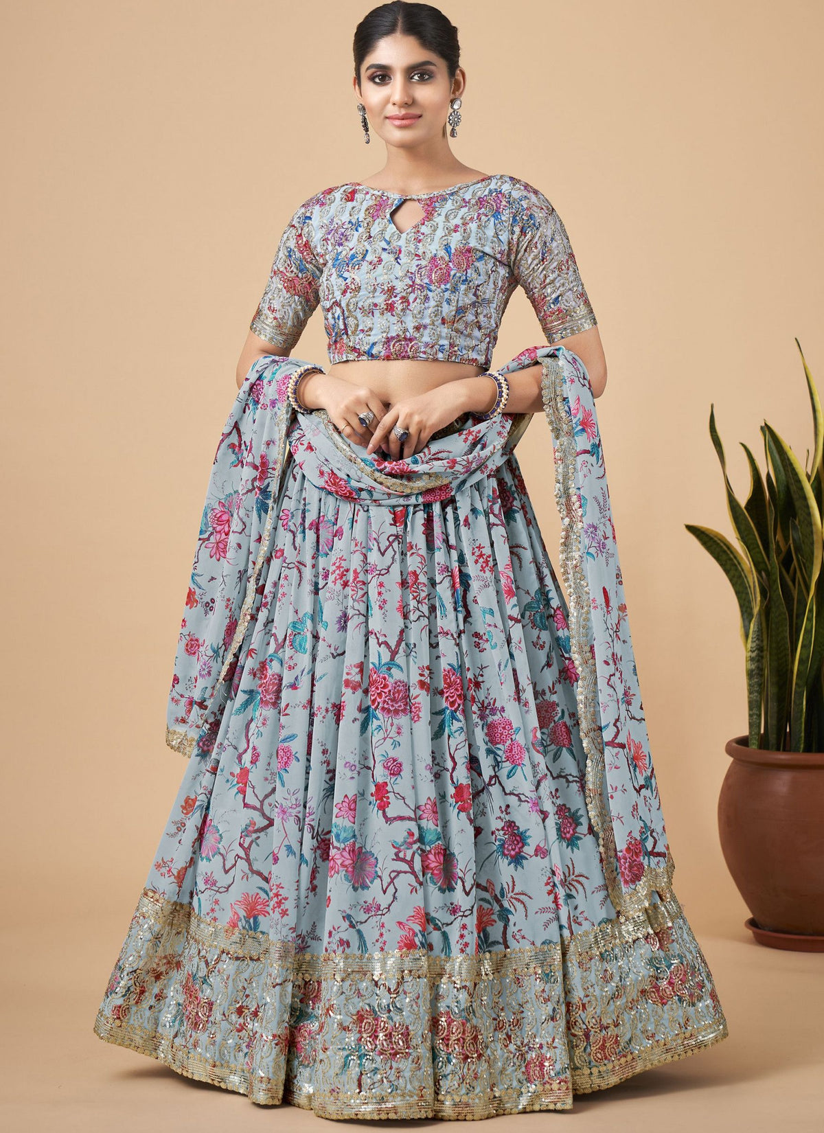 Sky Blue Designer Printed Faux Georgette Sequins Embroidery Work Lehenga Choli Clothsvilla Main image