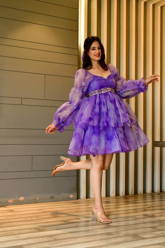 Designer Purple Color Shibori Print Organza Dress Clothsvilla