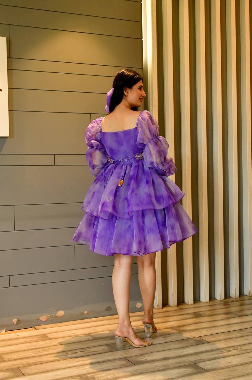 Designer Purple Color Shibori Print Organza Dress Clothsvilla