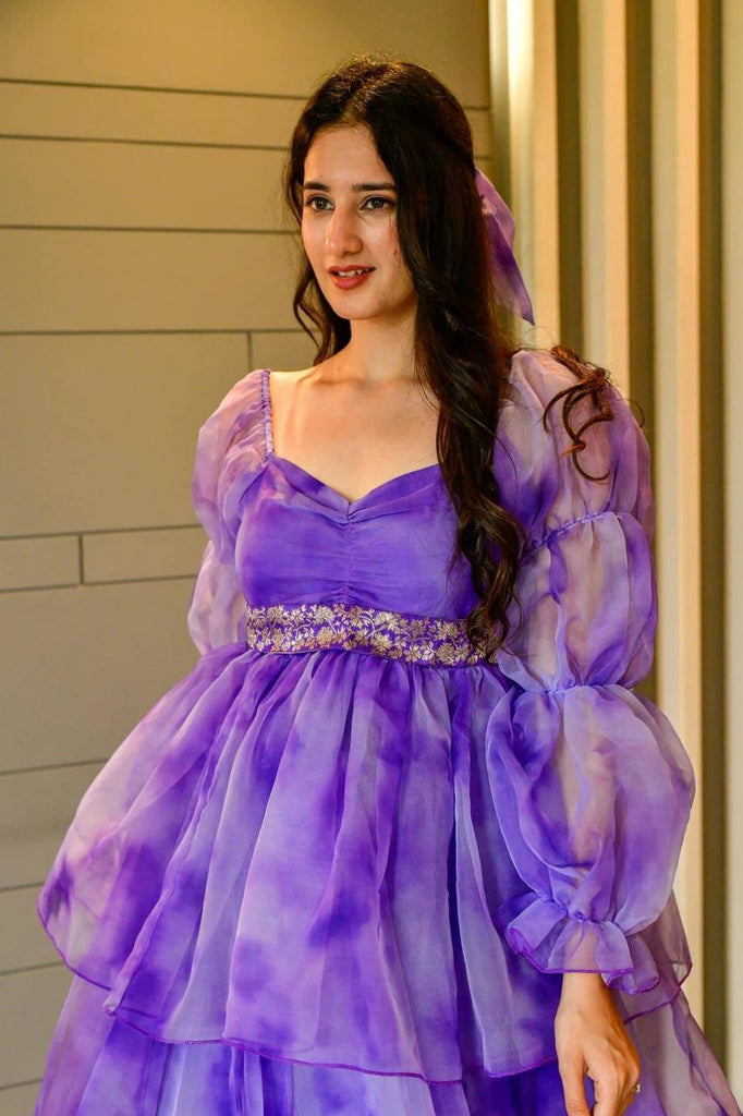Designer Purple Color Shibori Print Organza Dress Clothsvilla