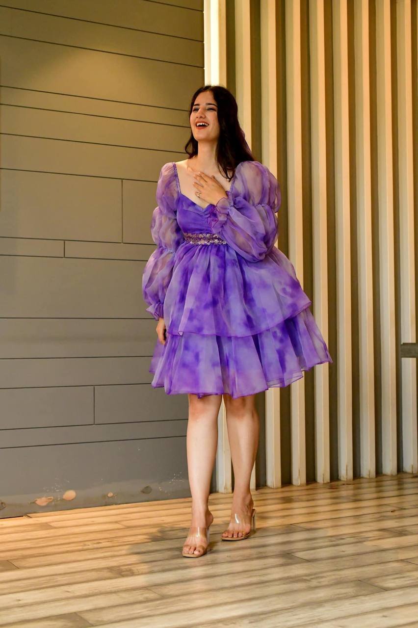 Designer Purple Color Shibori Print Organza Dress Clothsvilla