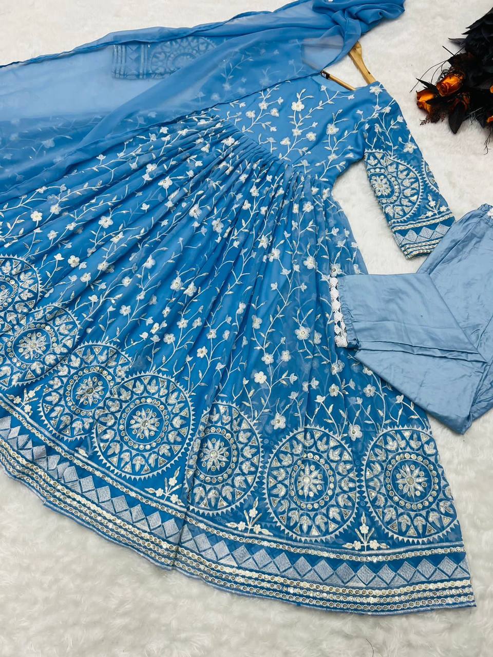 Designer Sky Blue Color Thread Work Gown Clothsvilla