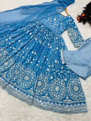 Designer Sky Blue Color Thread Work Gown Clothsvilla