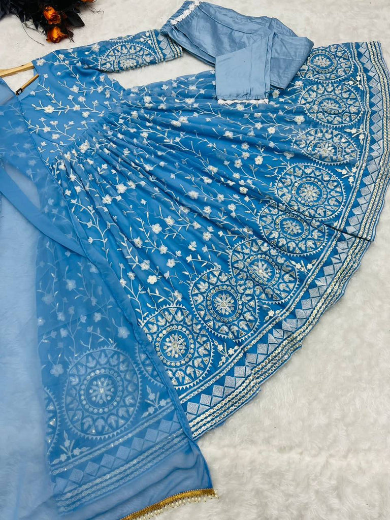 Designer Sky Blue Color Thread Work Gown Clothsvilla