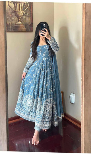 Designer Sky Blue Color Thread Work Gown Clothsvilla