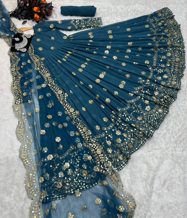 Designer Teal Blue Color Embroidery Sequence Work Gown Clothsvilla