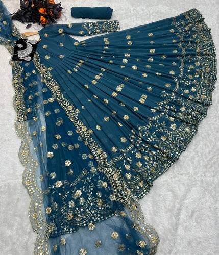 Designer Teal Blue Color Embroidery Sequence Work Gown Clothsvilla