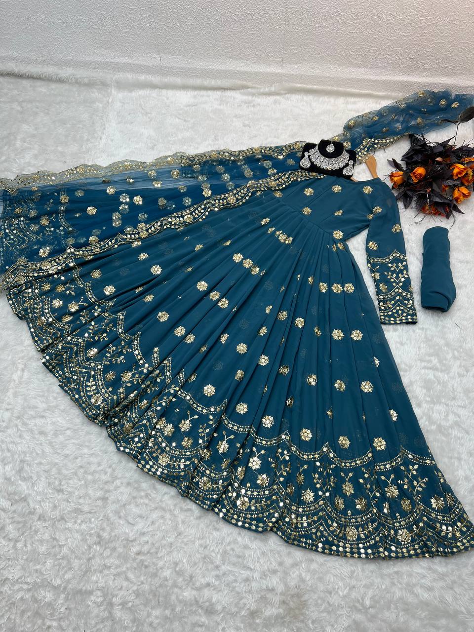 Designer Teal Blue Color Embroidery Sequence Work Gown Clothsvilla