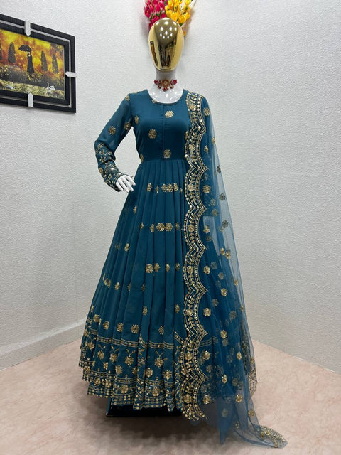 Designer Teal Blue Color Embroidery Sequence Work Gown Clothsvilla Main image