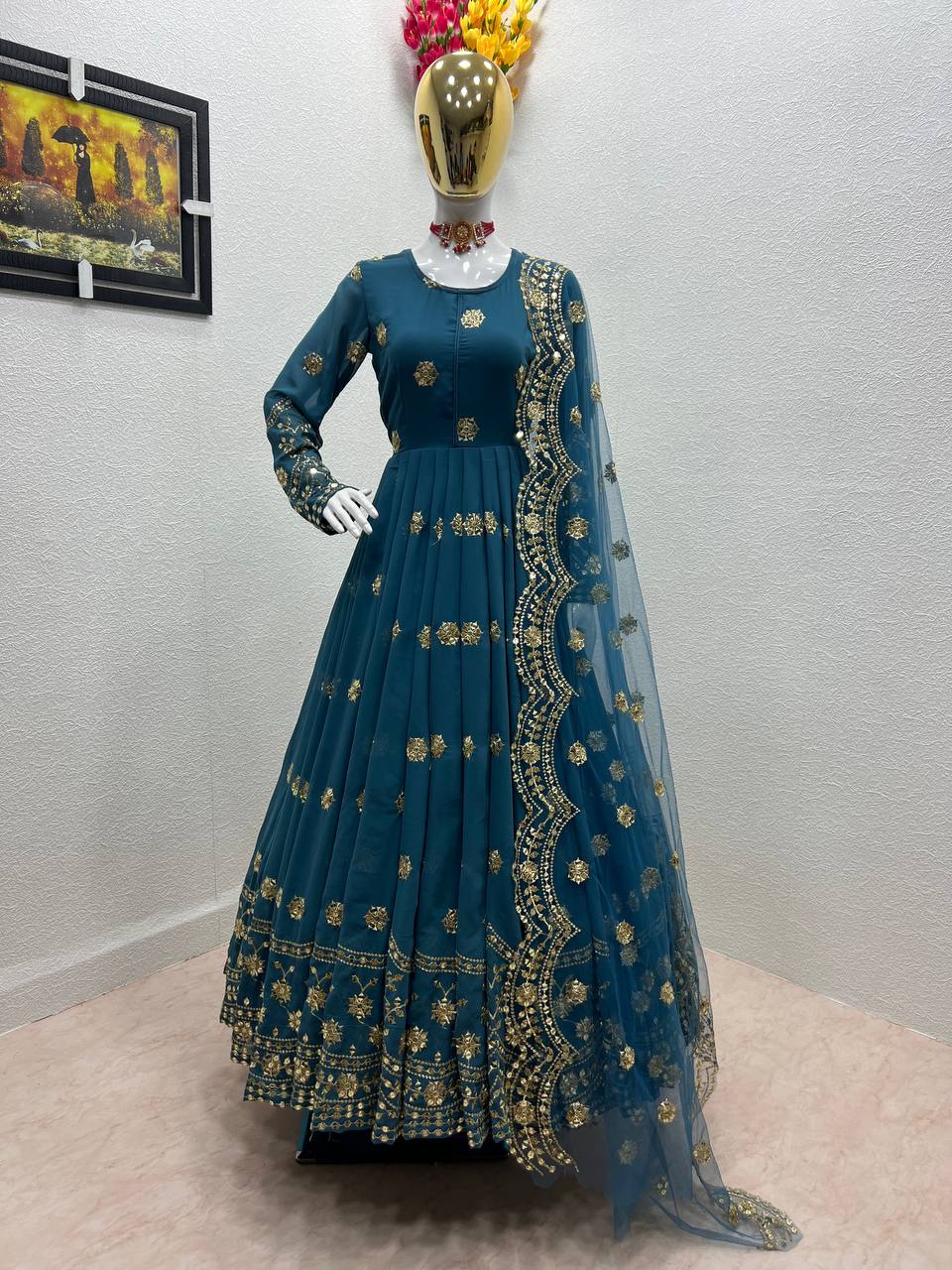 Designer Teal Blue Color Embroidery Sequence Work Gown Clothsvilla