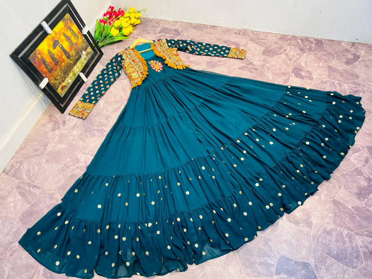 Designer Teal Blue Color Gown With Koti Clothsvilla