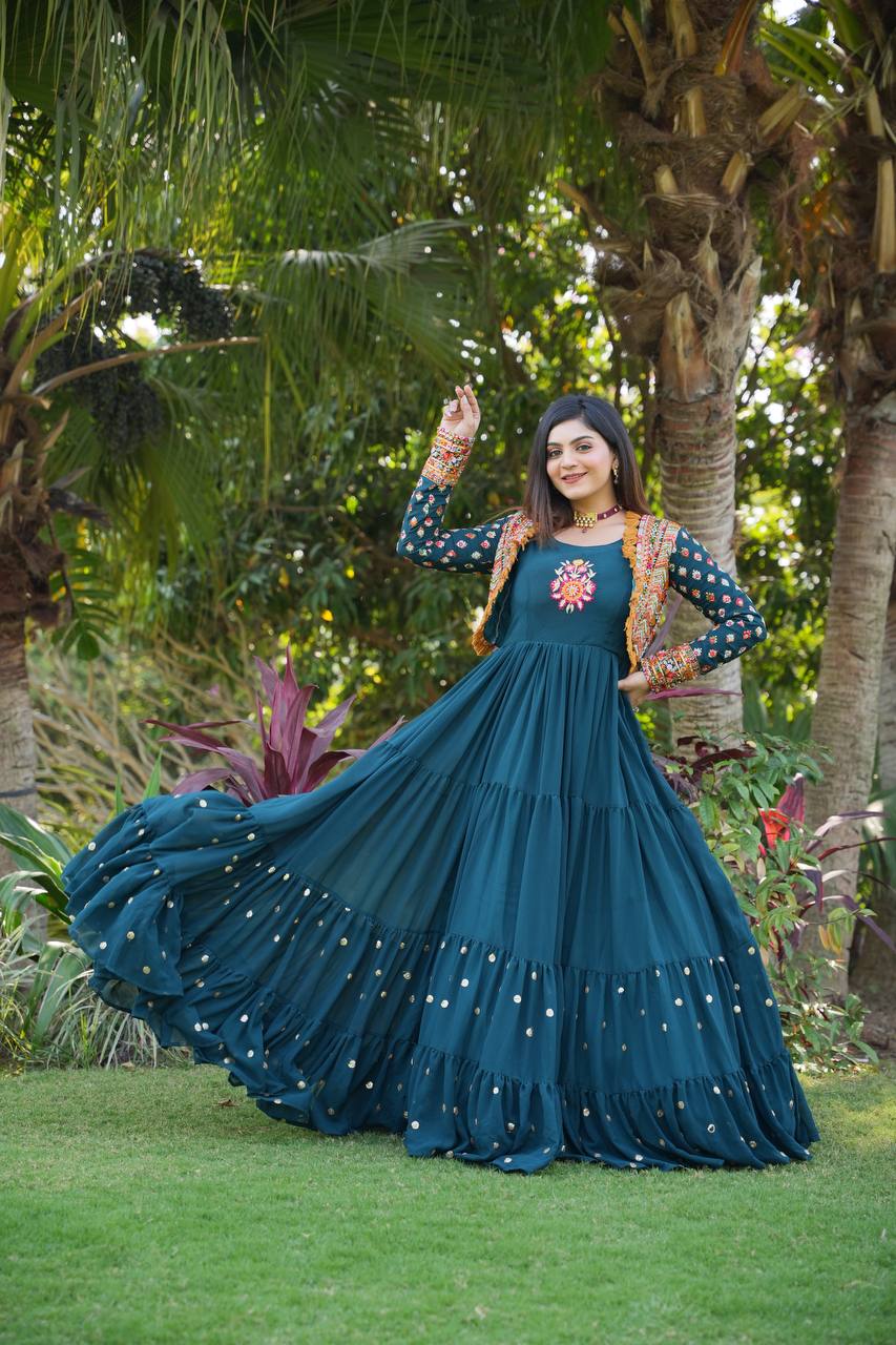 Designer Teal Blue Color Gown With Jacket S-36