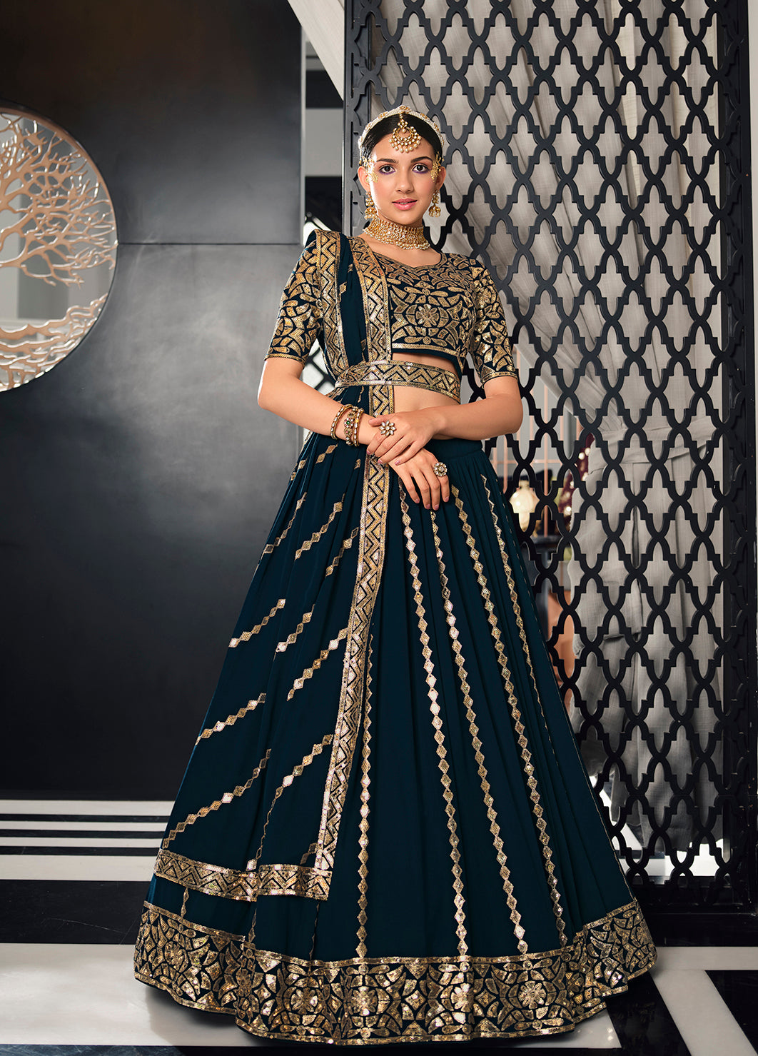Designer Teal Blue Color Sequence Thread Work Lehenga Choli With Belt Clothsvilla