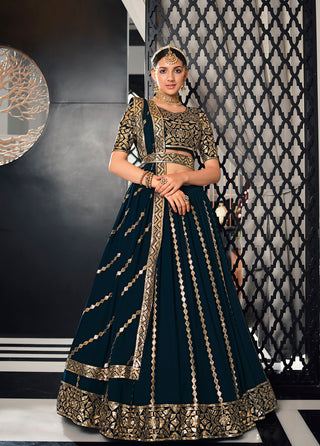 Designer Teal Blue Color Sequence Thread Work Lehenga Choli With Belt Clothsvilla