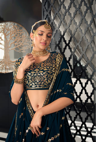 Designer Teal Blue Color Sequence Thread Work Lehenga Choli With Belt Clothsvilla