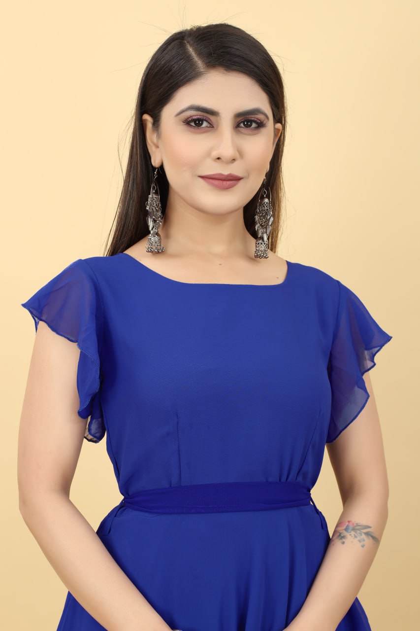 Designer Umbrella Sleeve Blue Color Georgette Gown Clothsvilla