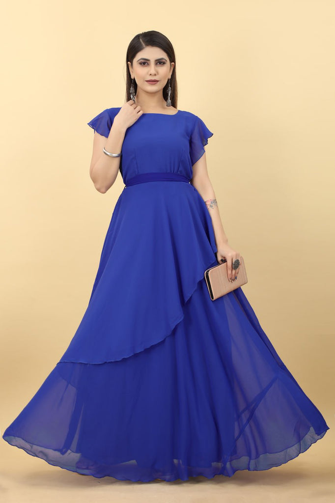 Designer Umbrella Sleeve Blue Color Georgette Gown Clothsvilla