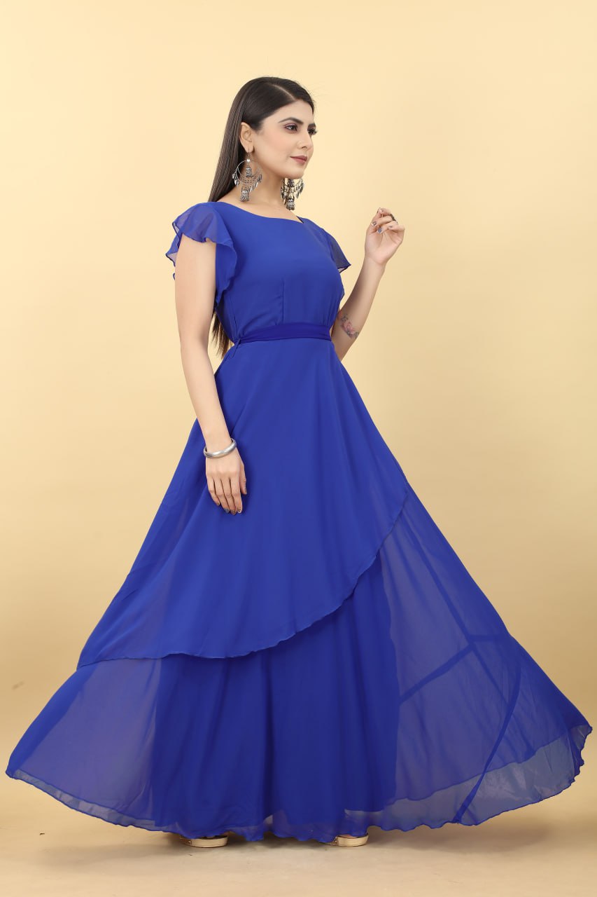 Designer Umbrella Sleeve Blue Color Georgette Gown