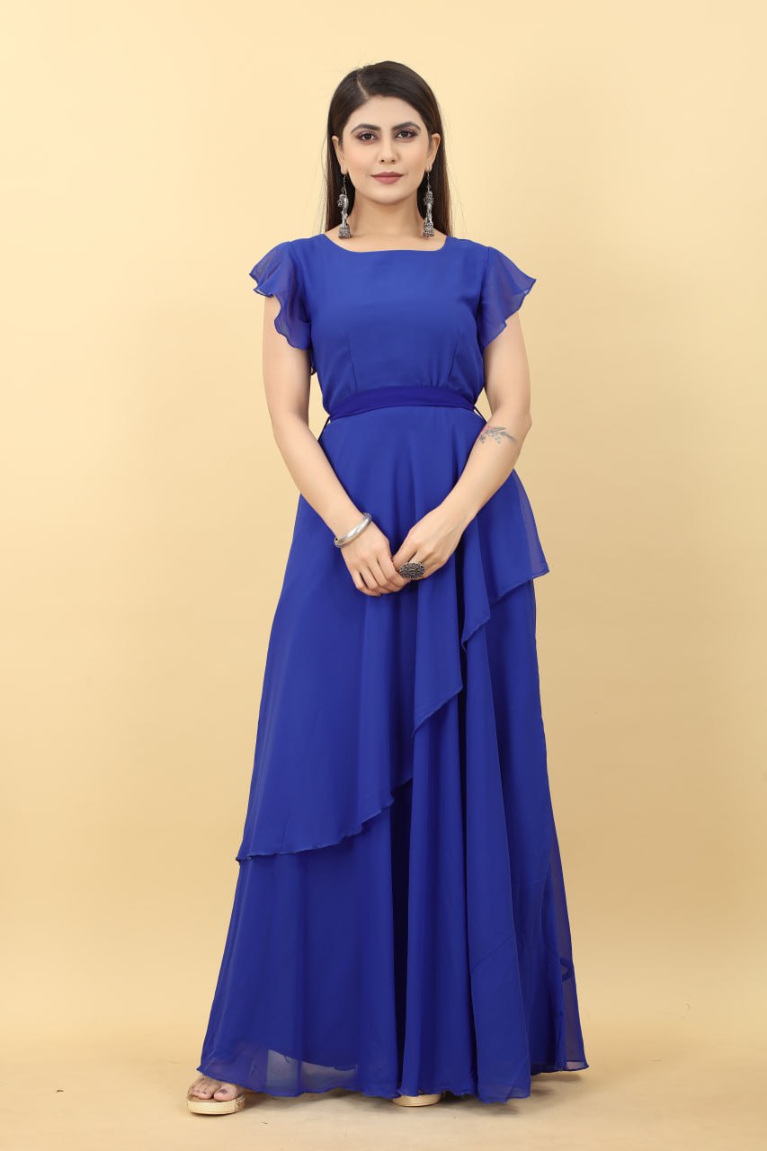 Designer Umbrella Sleeve Blue Color Georgette Gown Clothsvilla