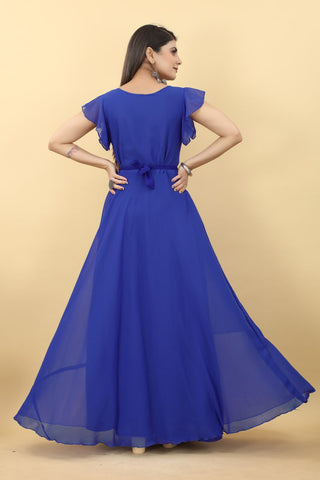 Designer Umbrella Sleeve Blue Color Georgette Gown Clothsvilla