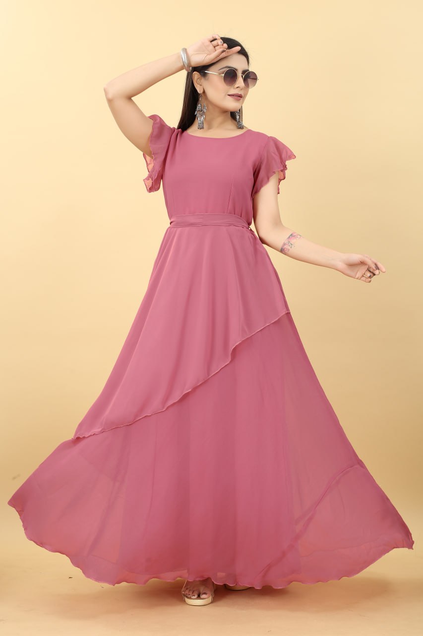 Designer Umbrella Sleeve Peach Color Georgette Gown Clothsvilla