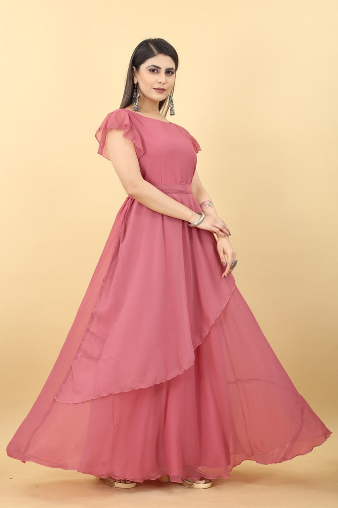 Designer Umbrella Sleeve Peach Color Georgette Gown Clothsvilla