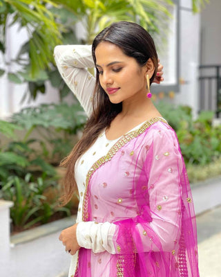 Designer White Color Embroidery Work Gown Clothsvilla
