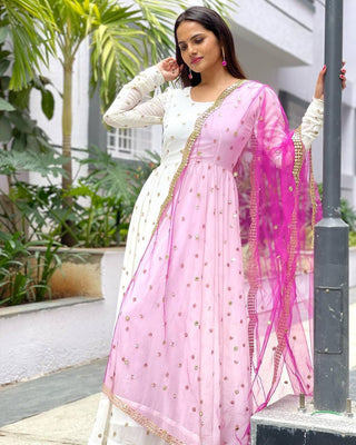 Designer White Color Embroidery Work Gown Clothsvilla