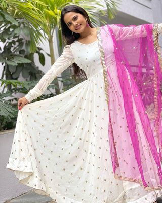 Designer White Color Embroidery Work Gown Clothsvilla
