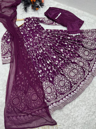 Designer Wine Color Thread Work Gown Clothsvilla