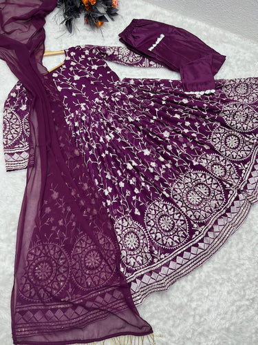 Designer Wine Color Thread Work Gown Clothsvilla