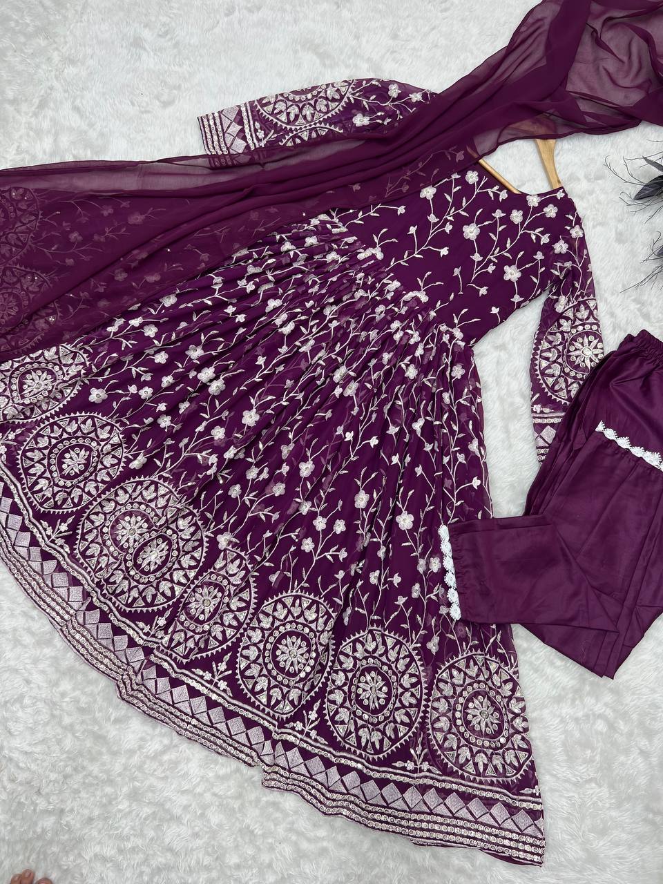 Designer Wine Color Thread Work Gown Clothsvilla