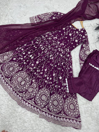 Designer Wine Color Thread Work Gown Clothsvilla