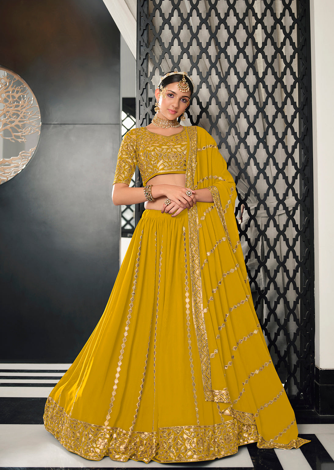 Buy Aromatic Yellow Butterfly Mono Net Plain Lehenga Choli