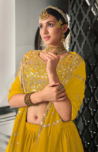 Designer Yellow Color Sequence Thread Work Lehenga Choli With Belt Clothsvilla