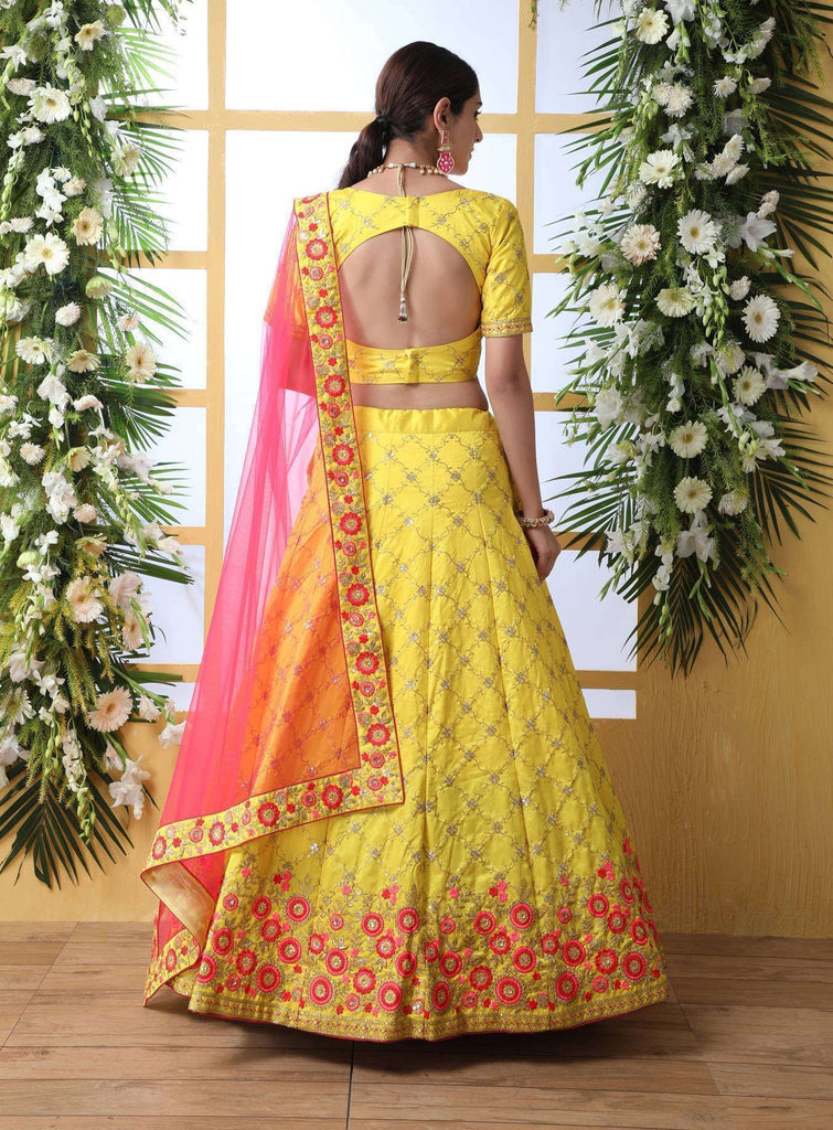 White Floral Embroidered Lehenga Choli with Yellow Blouse - Dress me Royal