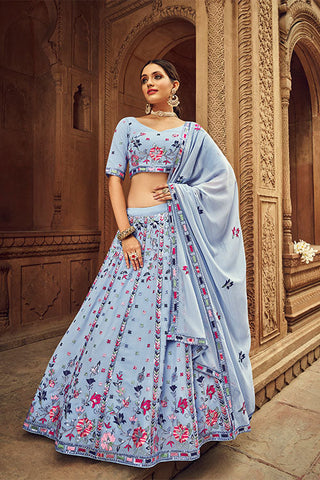 Beige Georgette Thread With Sequince Embroidered Lehenga Choli ClothsVilla.com
