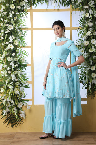 Desiring Sky-Blue Thread Embroidery Georgette Salwar Kameez With Dupatta Semi Stitched ClothsVilla