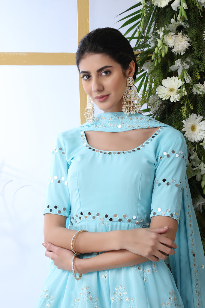 Desiring Sky-Blue Thread Embroidery Georgette Salwar Kameez With Dupatta Semi Stitched ClothsVilla